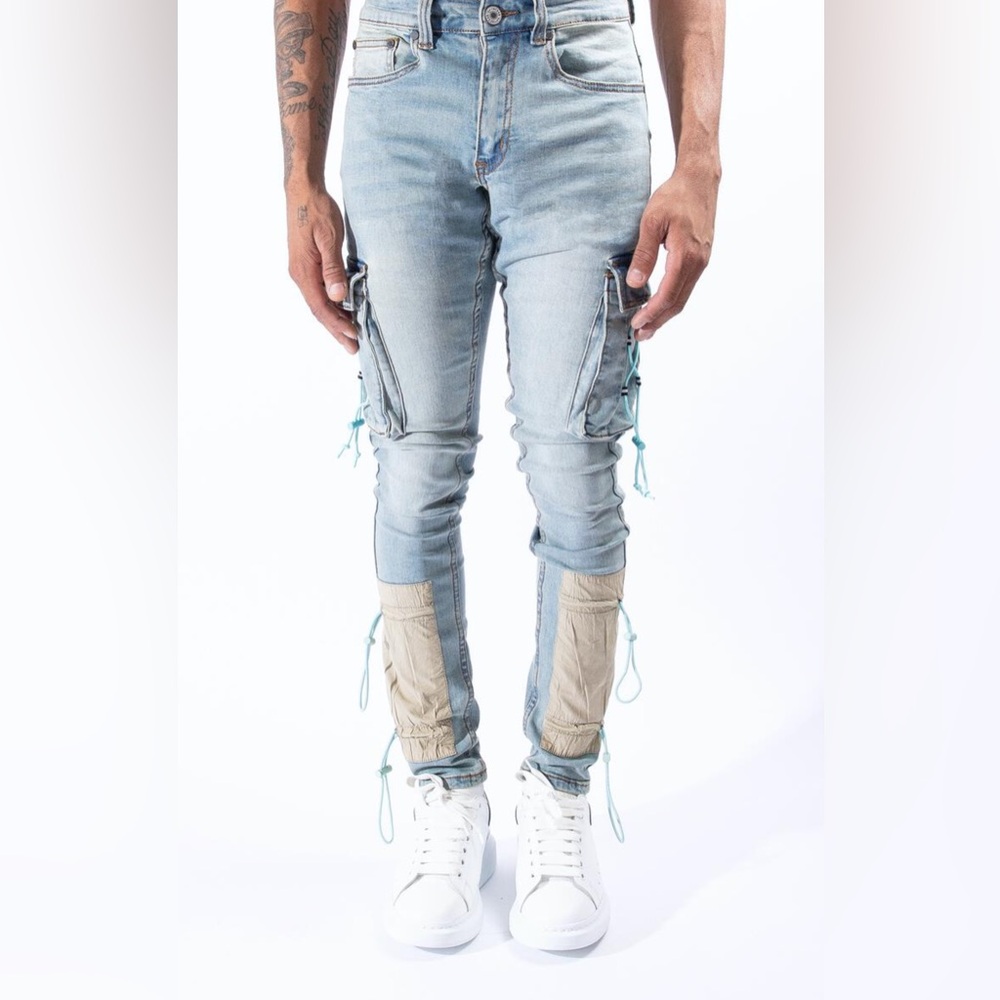 Serenede Men Size 38 light wash Skinny‎ Fit Cyber Cloud Cargo Jeans